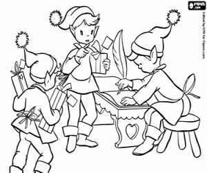desenho de Elfos de Natal no trabalho para colorir