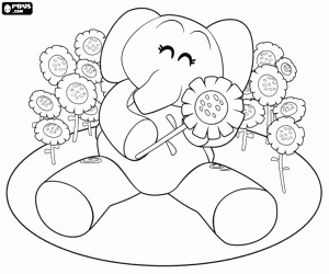 desenho de Elly o elefante e as flores para colorir