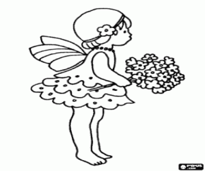 desenho de Fada menina com um buquê de flores para colorir