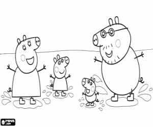 desenho de Família da Peppa Pig e as poças para colorir