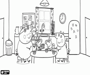 desenho de Família da Peppa Pig no café da manhã para colorir