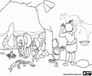 desenho de Família pré-histórica na caverna para colorir