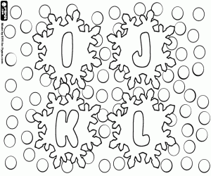 desenho de Flocos de neve com letras I, J, K, L para colorir