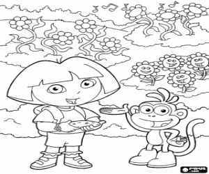 desenho de Flores da Primavera, Dora e Botas para colorir