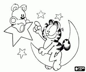 desenho de Garfield e Pooky no céu noturno para colorir