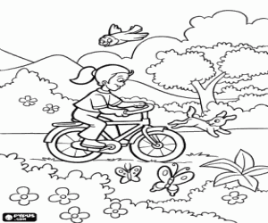 desenho de Uma garota com uma bicicleta na primavera para colorir