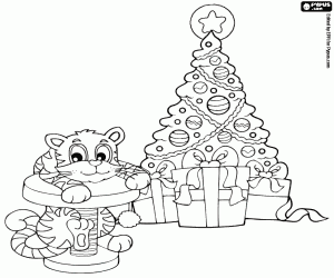 desenho de Um gatinho, o brinquedo e a árvore de Natal para colorir