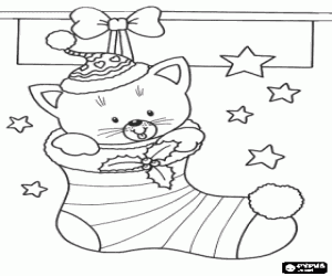 desenho de Gatinho em uma meia de Natal para colorir
