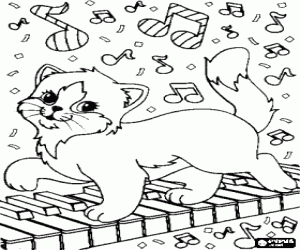 desenho de Gatinho que brinca em cima de um piano para colorir