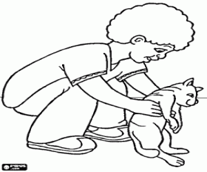 desenho de Gato com um menino para colorir