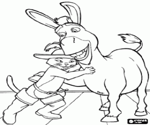 desenho de Gato de botas e Burro, dois amigos para colorir