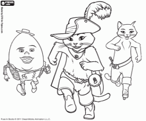 desenho de Gato de botas, Humpty e Kitty para colorir