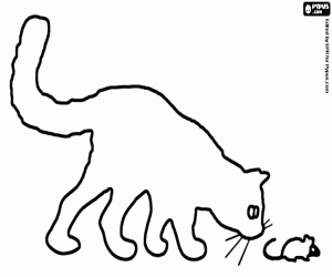 desenho de Um gato olha para um rato, silhueta para colorir