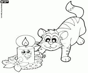 desenho de O gato e uma vela de Natal para colorir