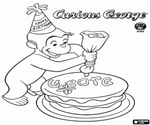 desenho de George, o curioso e um bolo de aniversário para colorir