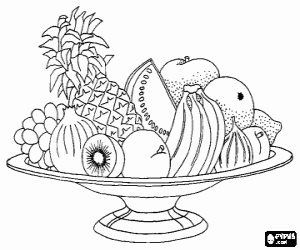 desenho de grande bacia cheia de frutas misturadas para colorir