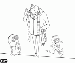 desenho de Gru com uma arma e dois minions para colorir