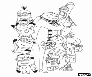 desenho de Gru, os minions e as menininhas para colorir