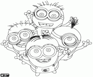 desenho de Um grupo de quatro minions para colorir
