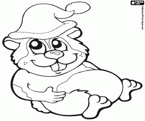 desenho de Hamster guloso com chapéu de Papai Noel para colorir