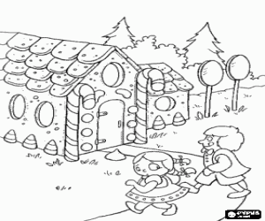 desenho de Hansel, Gretel e a casa doce para colorir