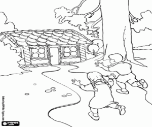 desenho de Hansel e Gretel em direção a casa para colorir