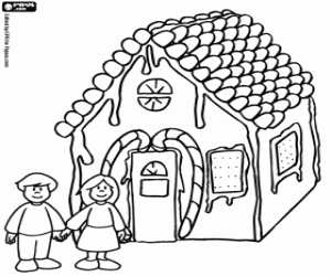 desenho de Hansel e Gretel na frente da casa para colorir