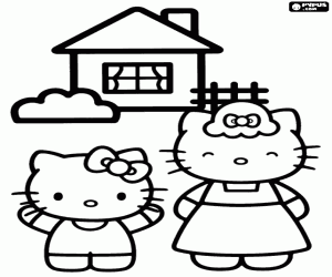 desenho de Hello Kitty com a mãe dela para colorir