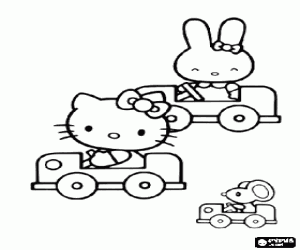 desenho de Hello Kitty e amigos em carros para colorir