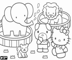 desenho de Hello Kitty e amigos no jardim zoológico para colorir