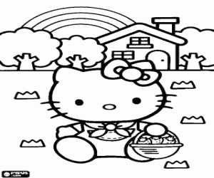 desenho de Hello Kitty e uma cesta de morangos para colorir