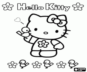 desenho de Hello Kitty com flores e pássaros para colorir