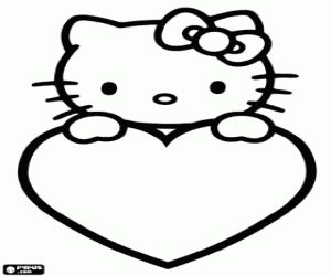 desenho de Hello Kitty com um grande coração para colorir