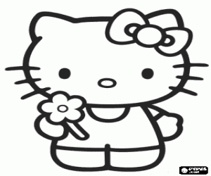 desenho de Hello Kitty com uma flor na mão para colorir