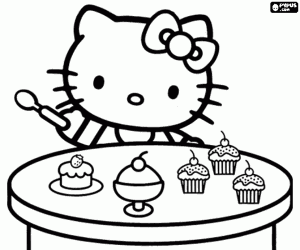 desenho de Hello Kitty e os cupcakes para colorir