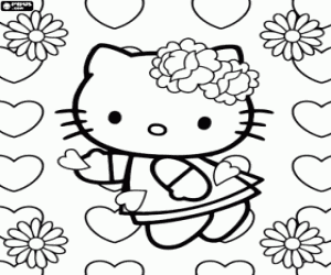 desenho de Hello Kitty entre flores e corações para colorir