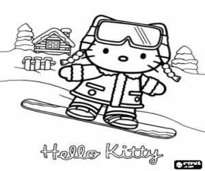 desenho de Hello Kitty com o snowboard para colorir