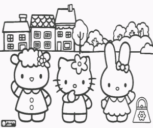 desenho de Hello Kitty com suas amigas para colorir