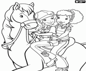desenho de Holly Hobbie e Carrie a cavalo para colorir