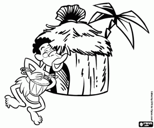 desenho de Um homem africano e uma cabana para colorir