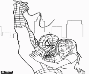 desenho de Homem-aranha com uma jovem para colorir