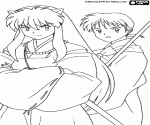 desenho de InuYasha e Miroku, um monge budista para colorir