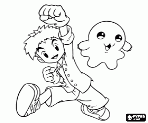 desenho de Izzy e Motimon o digimon para colorir