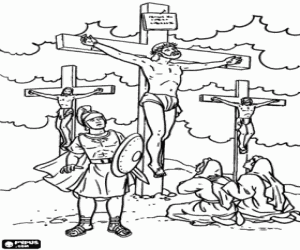 desenho de Jesus crucificado entre ladrões para colorir