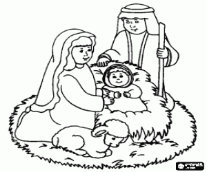 desenho de Jesus, Maria e José e o cordeiro para colorir