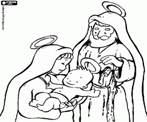 desenho de Jesus nos braços de Maria e José para colorir