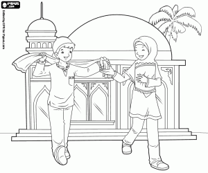 desenho de Jovens muçulmanos perto da Mesquita para colorir