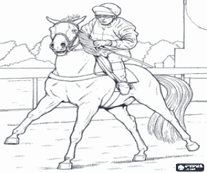 desenho de Jóquei e cavalo no hipódromo para colorir