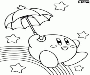 desenho de Kirby entre estrelas e arco-íris para colorir
