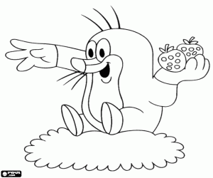 desenho de Krtek a toupeira com morangos na mão para colorir